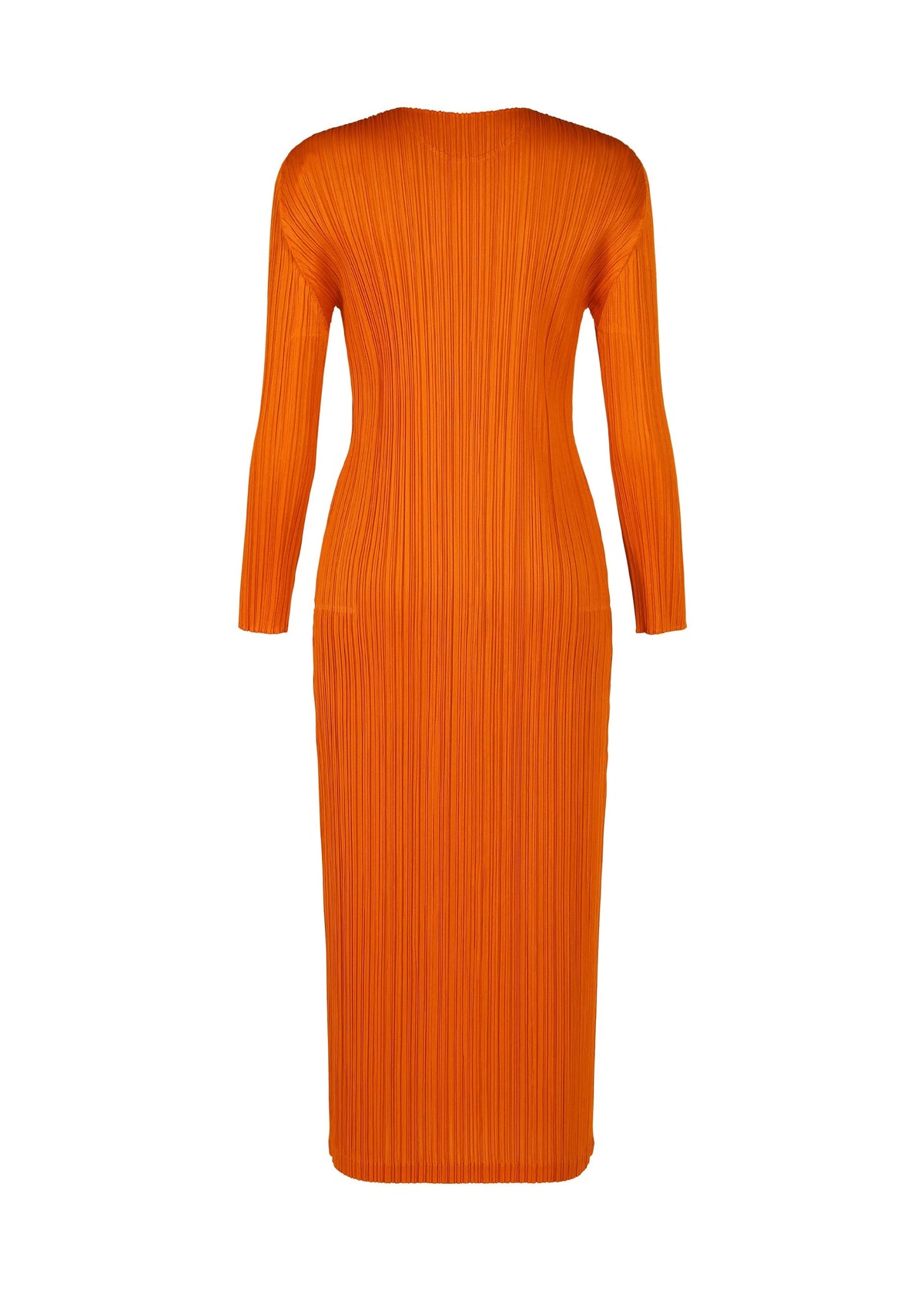 The MONTHLY COLORS : DECEMBER dress by PLEATS PLEASE ISSEY MIYAKE is a bright orange, long-sleeved, ankle-length pleated dress with a fitted round neck and sleek silhouette, shown from the back without visible fastenings or embellishments. view 4 of 7