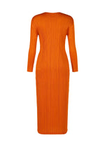 The MONTHLY COLORS : DECEMBER dress by PLEATS PLEASE ISSEY MIYAKE is a bright orange, long-sleeved, ankle-length pleated dress with a fitted round neck and sleek silhouette, shown from the back without visible fastenings or embellishments.