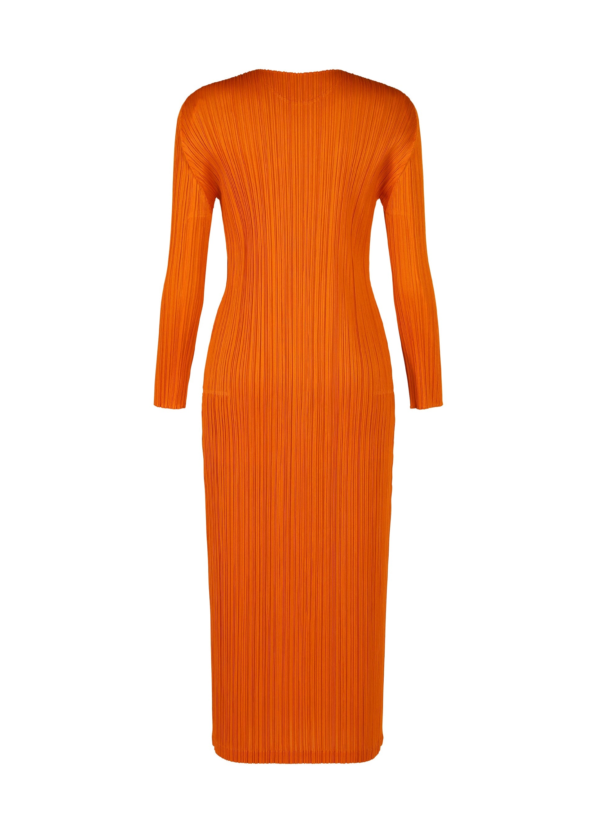 Zoomed view The MONTHLY COLORS : DECEMBER dress by PLEATS PLEASE ISSEY MIYAKE is a bright orange, long-sleeved, ankle-length pleated dress with a fitted round neck and sleek silhouette, shown from the back without visible fastenings or embellishments.