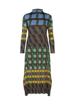 The HARMONY dress by PLEATS PLEASE ISSEY MIYAKE is a long-sleeved, knee-length pleated piece featuring a vibrant geometric pattern in blue, green, yellow, orange, and black checks, stripes, and rectangles. - BLUE （no.72）