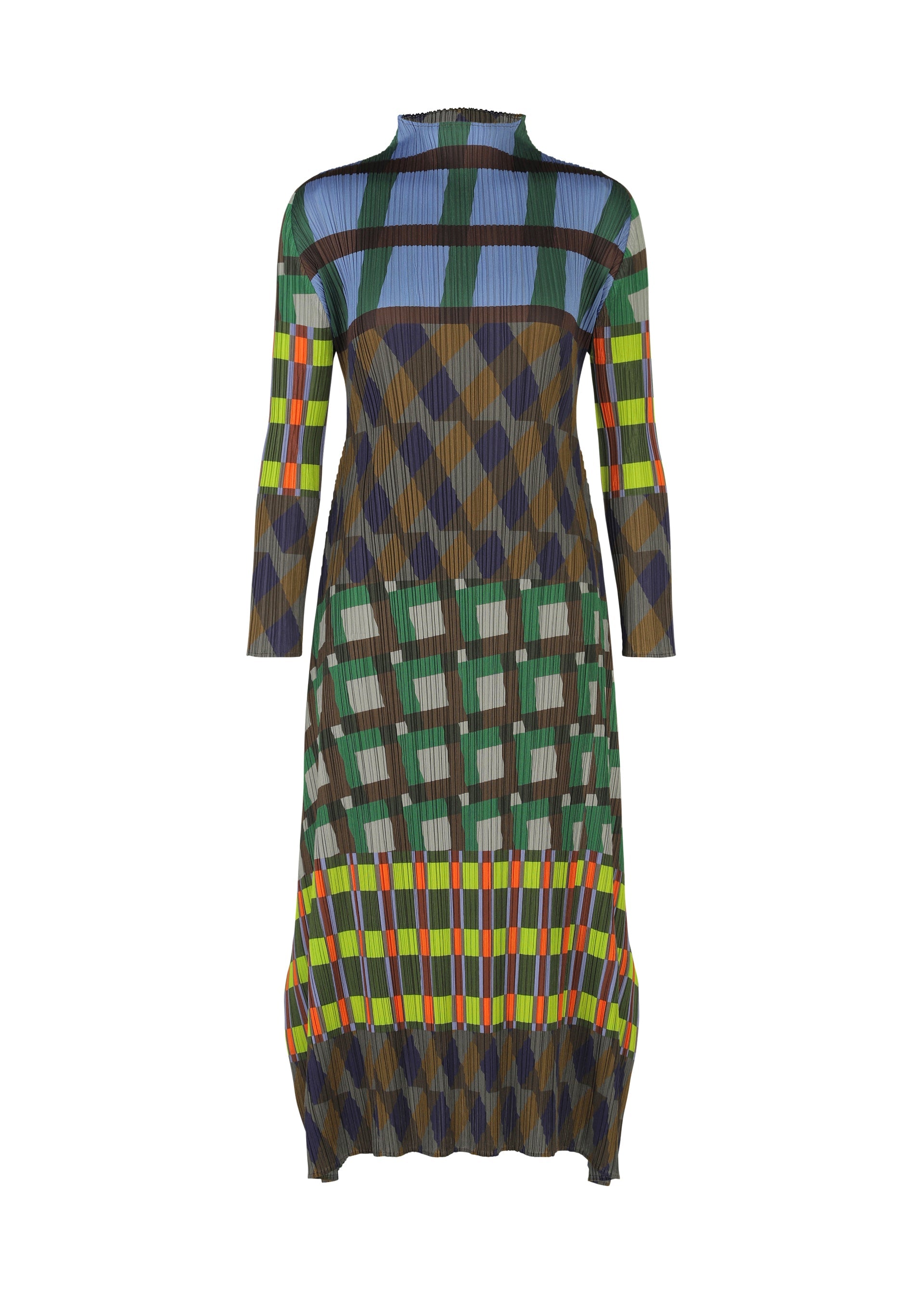 Zoomed view The HARMONY dress by PLEATS PLEASE ISSEY MIYAKE is a long-sleeved, knee-length pleated piece featuring a vibrant geometric pattern in blue, green, yellow, orange, and black checks, stripes, and rectangles. - BLUE （no.72）