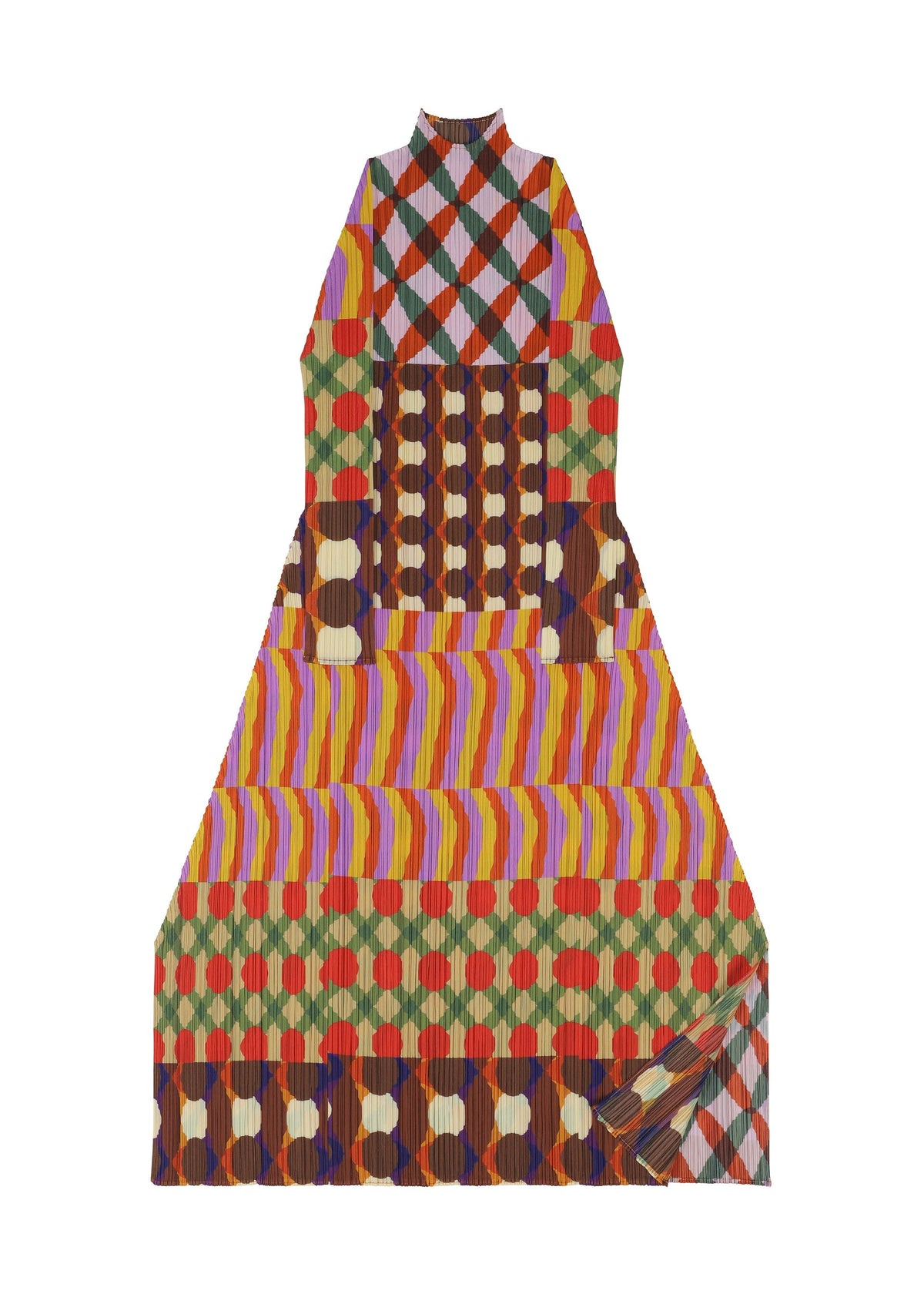 The HARMONY dress by PLEATS PLEASE ISSEY MIYAKE is a floor-length, long-sleeved high-neck dress with bold geometric wavy patterns in red, yellow, purple, green, brown, and orange for a vibrant statement look. view 2 of 5