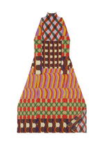 The HARMONY dress by PLEATS PLEASE ISSEY MIYAKE is a floor-length, long-sleeved high-neck dress with bold geometric wavy patterns in red, yellow, purple, green, brown, and orange for a vibrant statement look.