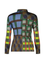 The HARMONY shirt by PLEATS PLEASE ISSEY MIYAKE features long sleeves, a high neckline, and pleats with an abstract geometric pattern in green, blue, brown, gray, orange, and yellow that varies on each side.