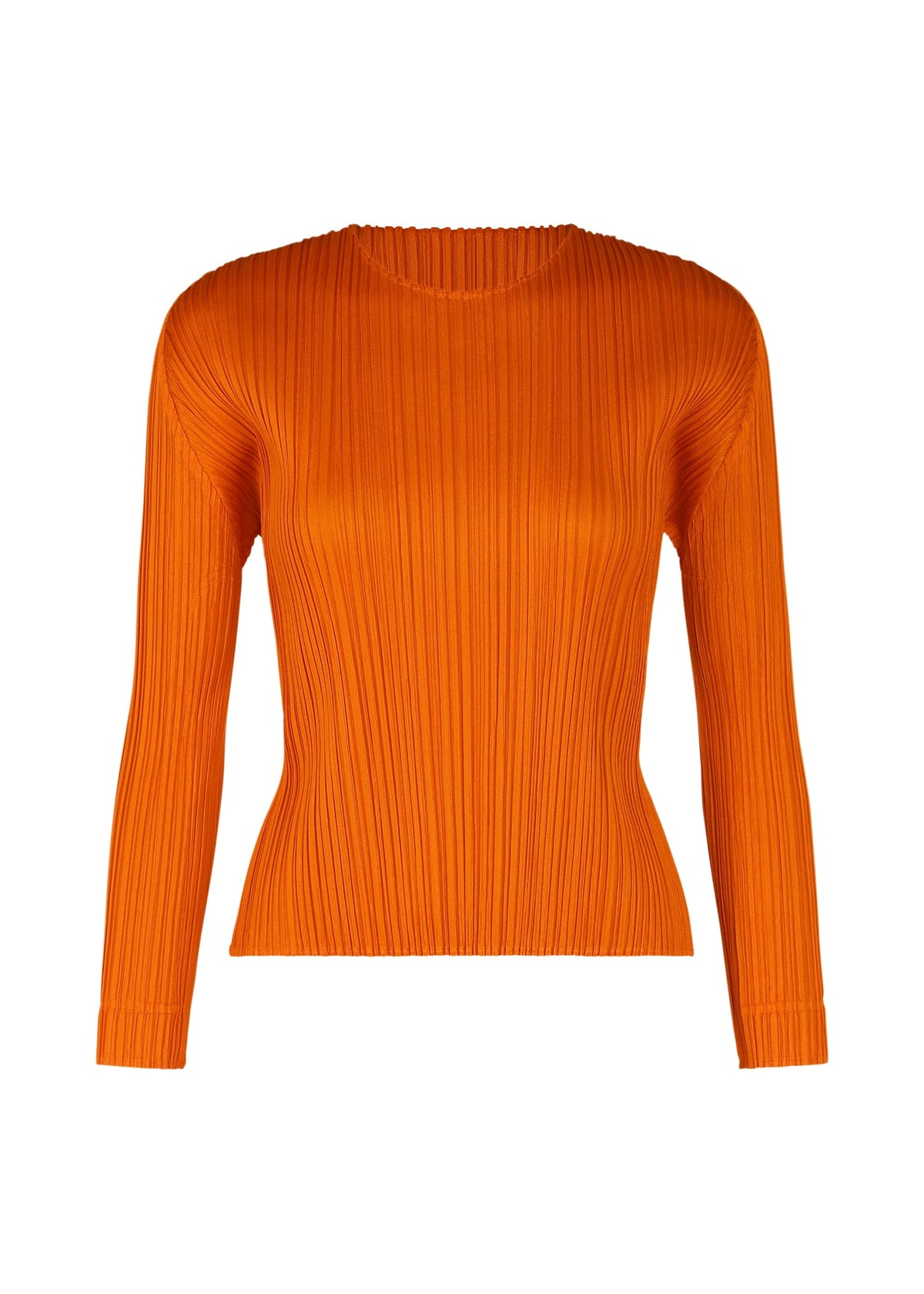 The MONTHLY COLORS : DECEMBER top by PLEATS PLEASE ISSEY MIYAKE is a bright orange, long-sleeved piece in ribbed knit with a round neckline and fitted silhouette, shown against a plain white background. view 2 of 10