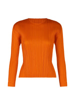 The MONTHLY COLORS : DECEMBER top by PLEATS PLEASE ISSEY MIYAKE is a bright orange, long-sleeved piece in ribbed knit with a round neckline and fitted silhouette, shown against a plain white background. - ORANGE （no.32）