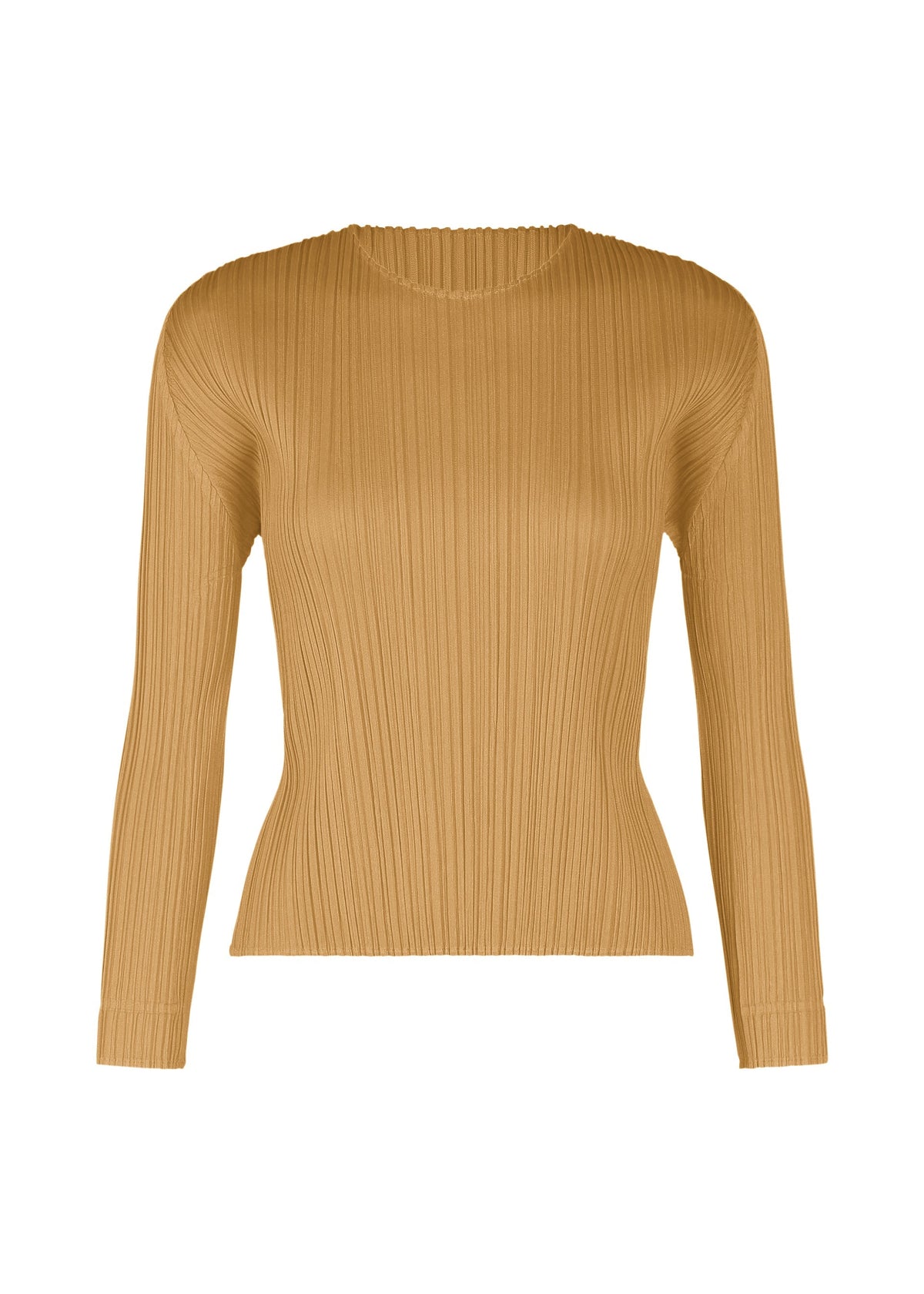 The MONTHLY COLORS : DECEMBER top by PLEATS PLEASE ISSEY MIYAKE is a camel brown, long-sleeve, ribbed knit with a fitted silhouette and classic crew neckline. view 3 of 10