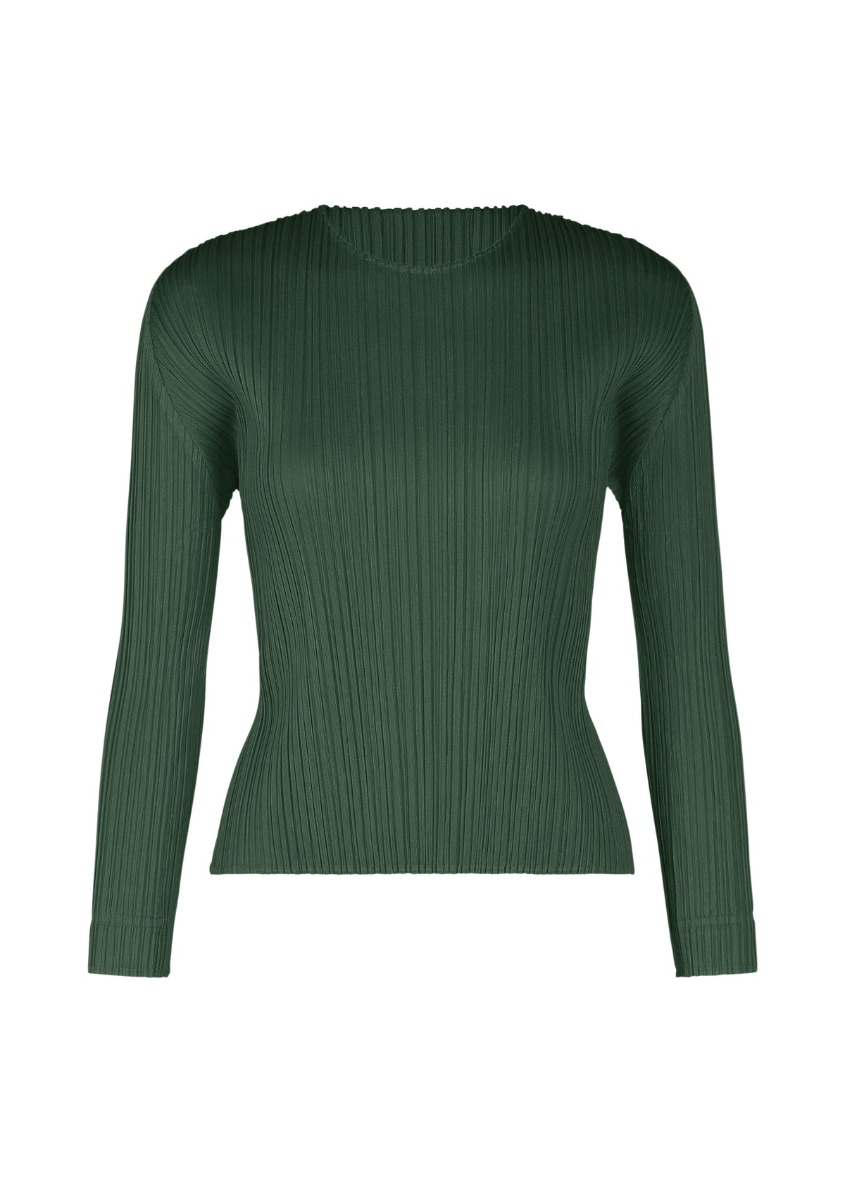 The MONTHLY COLORS : DECEMBER top by PLEATS PLEASE ISSEY MIYAKE is a dark green, long-sleeved design with vertical pleats, ribbed fabric, and a round neckline, offering a slightly fitted and flattering silhouette. view 4 of 10