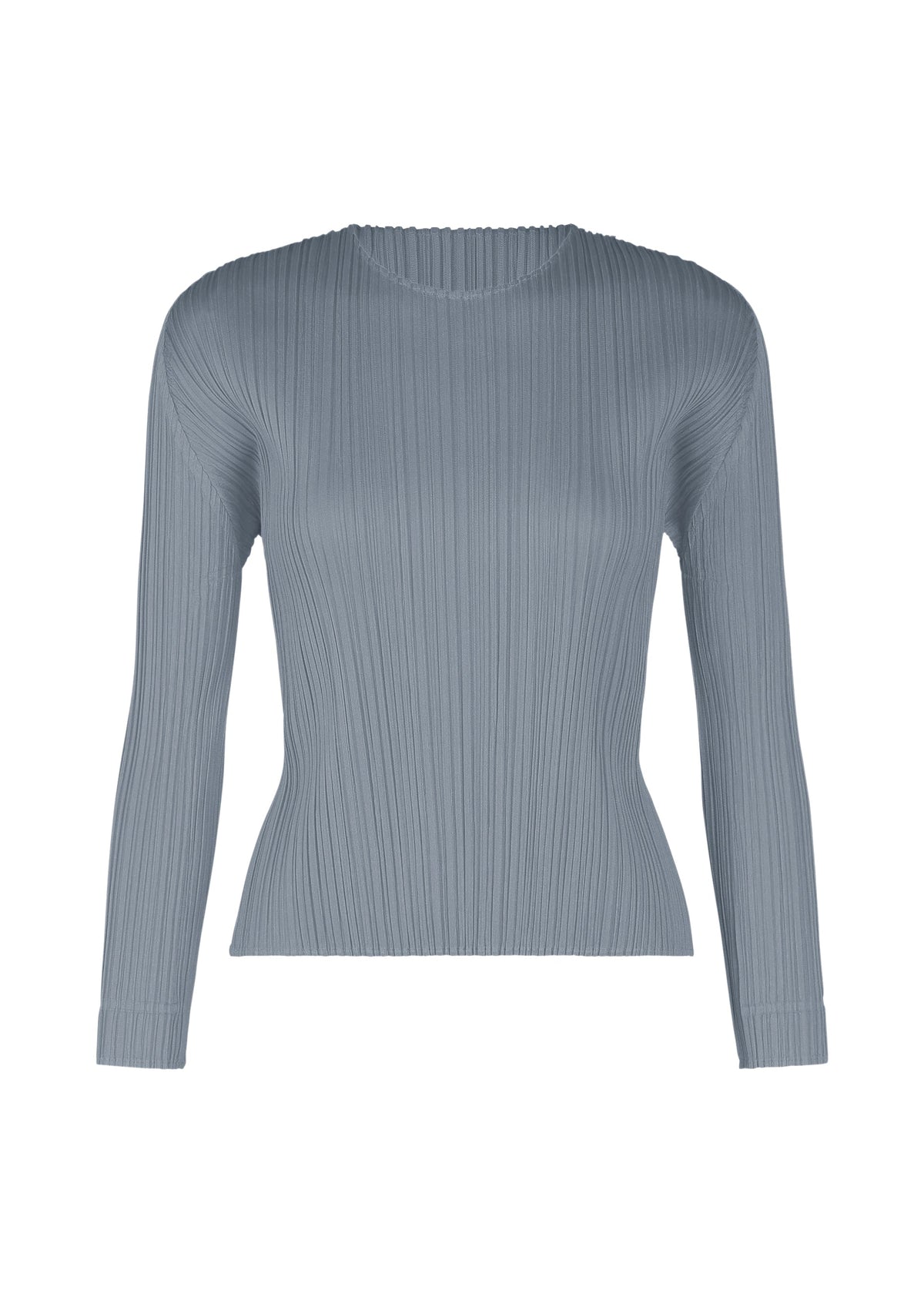 The MONTHLY COLORS : DECEMBER top by PLEATS PLEASE ISSEY MIYAKE is a light blue, long-sleeved crewneck with vertical textures and a fitted silhouette—ideal for adding cheerful color to your wardrobe. view 5 of 10