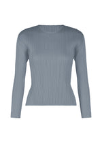 The MONTHLY COLORS : DECEMBER top by PLEATS PLEASE ISSEY MIYAKE is a light blue, long-sleeved crewneck with vertical textures and a fitted silhouette—ideal for adding cheerful color to your wardrobe. - STEEL BLUE （no.74）