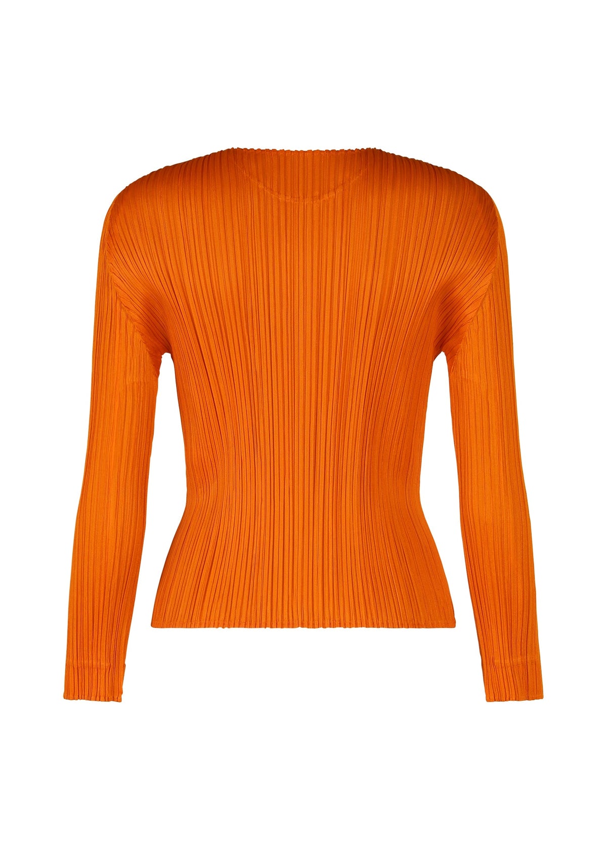 The MONTHLY COLORS : DECEMBER top by PLEATS PLEASE ISSEY MIYAKE features a pleated texture, fitted silhouette, and joyful colors in an orange round-neck design, displayed on a plain white background. view 6 of 10