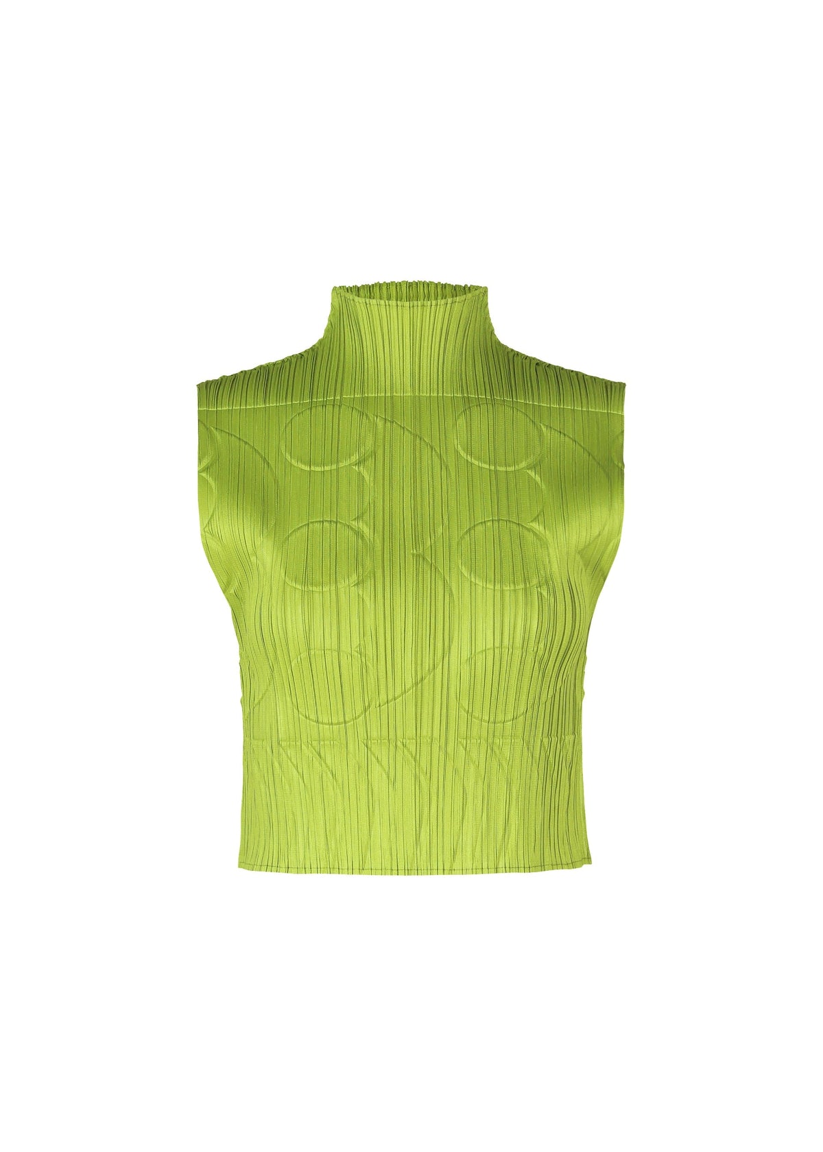 The TUNE top by PLEATS PLEASE ISSEY MIYAKE is a high-neck, sleeveless lime green piece featuring pleated texture and subtle circular embossing, ideal for layering and shown against a white background. view 2 of 8