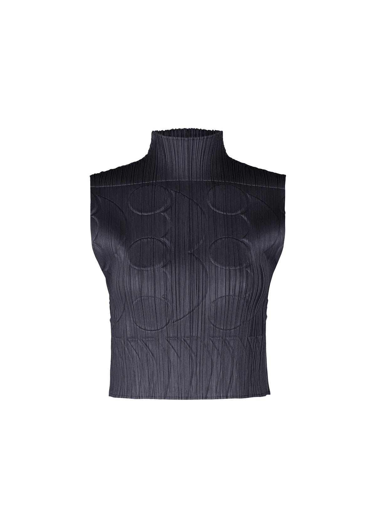 The TUNE sleeveless high-neck black top by PLEATS PLEASE ISSEY MIYAKE features a crinkled texture with subtle circular embossing, ideal for layering, and is shown against a white background. view 3 of 8