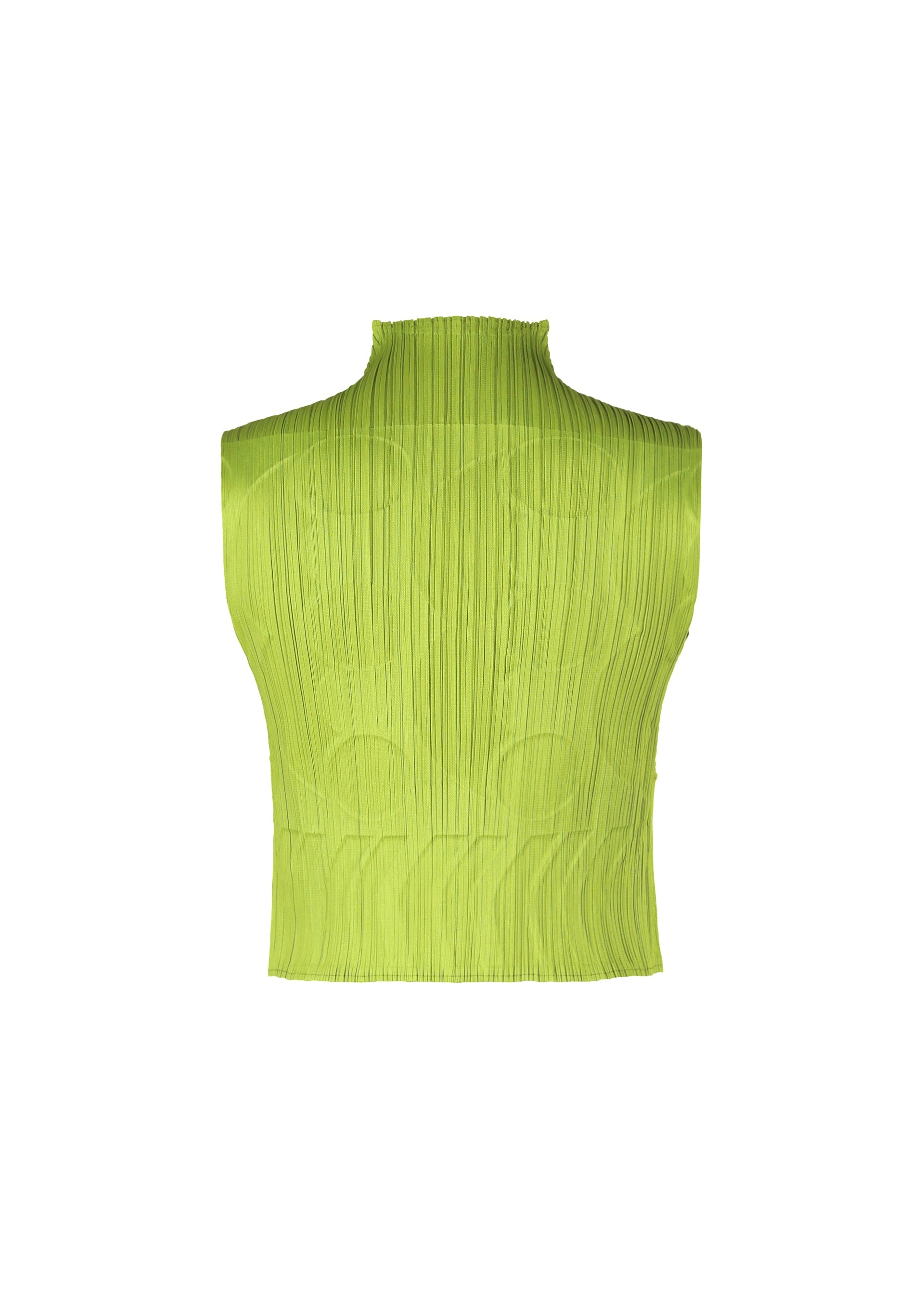 Zoomed view The TUNE top by PLEATS PLEASE ISSEY MIYAKE features a high neck, sleeveless cut, and lime green pleated, embossing-inspired texture—ideal for layering. Shown against a white background.