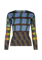 The HARMONY top by PLEATS PLEASE ISSEY MIYAKE is a long-sleeved, round-neck piece with pleats and geometric patterns in blue, green, brown, yellow, and orange. - BLUE （no.72）