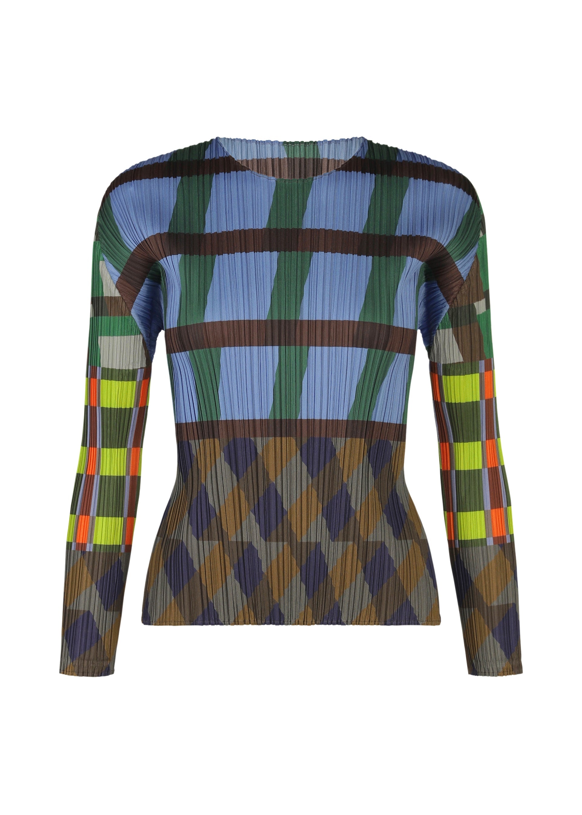 Zoomed view The HARMONY top by PLEATS PLEASE ISSEY MIYAKE is a long-sleeved, round-neck piece with pleats and geometric patterns in blue, green, brown, yellow, and orange. - BLUE （no.72）