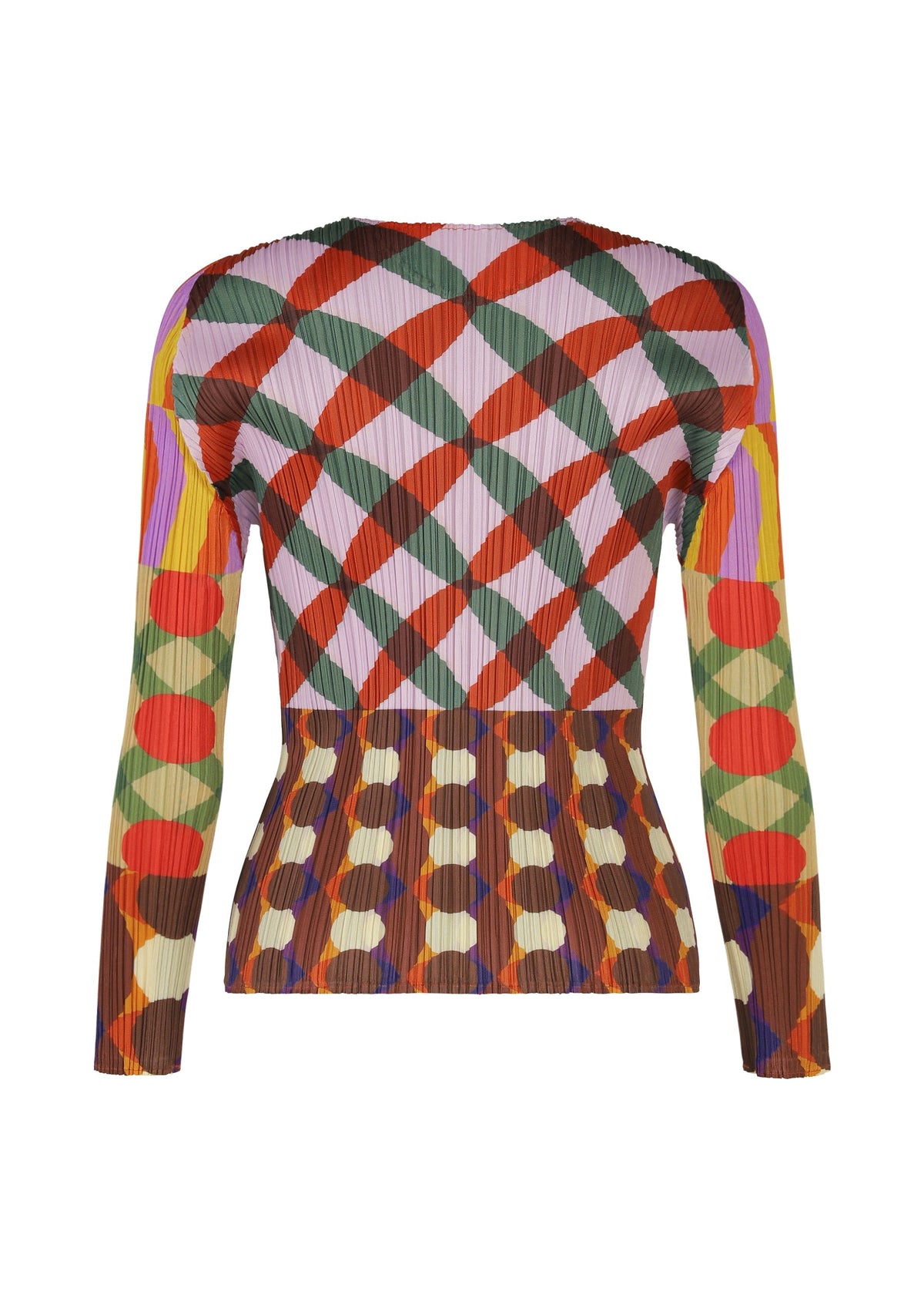 The HARMONY top by PLEATS PLEASE ISSEY MIYAKE is a fitted, long-sleeved, round-neck style with geometric red, green, yellow, and purple shapes in bold intersecting lines and circles. view 3 of 6