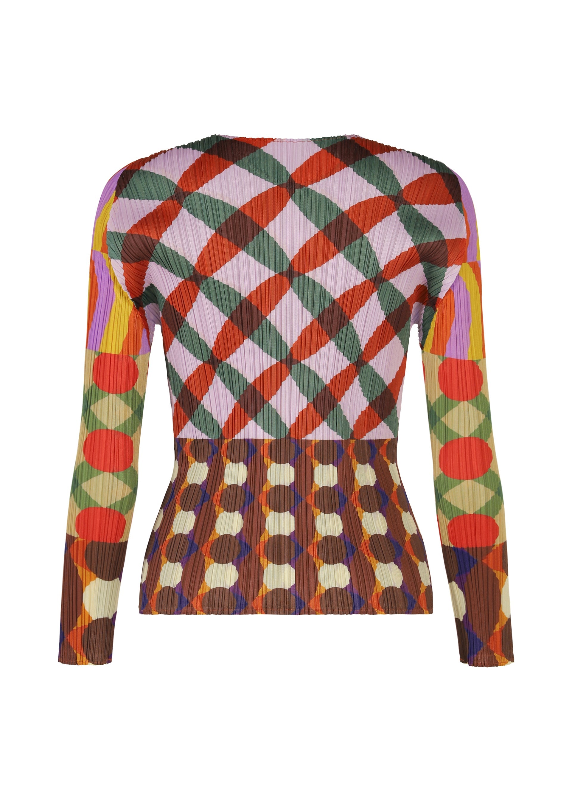 Zoomed view The HARMONY top by PLEATS PLEASE ISSEY MIYAKE is a fitted, long-sleeved, round-neck style with geometric red, green, yellow, and purple shapes in bold intersecting lines and circles.