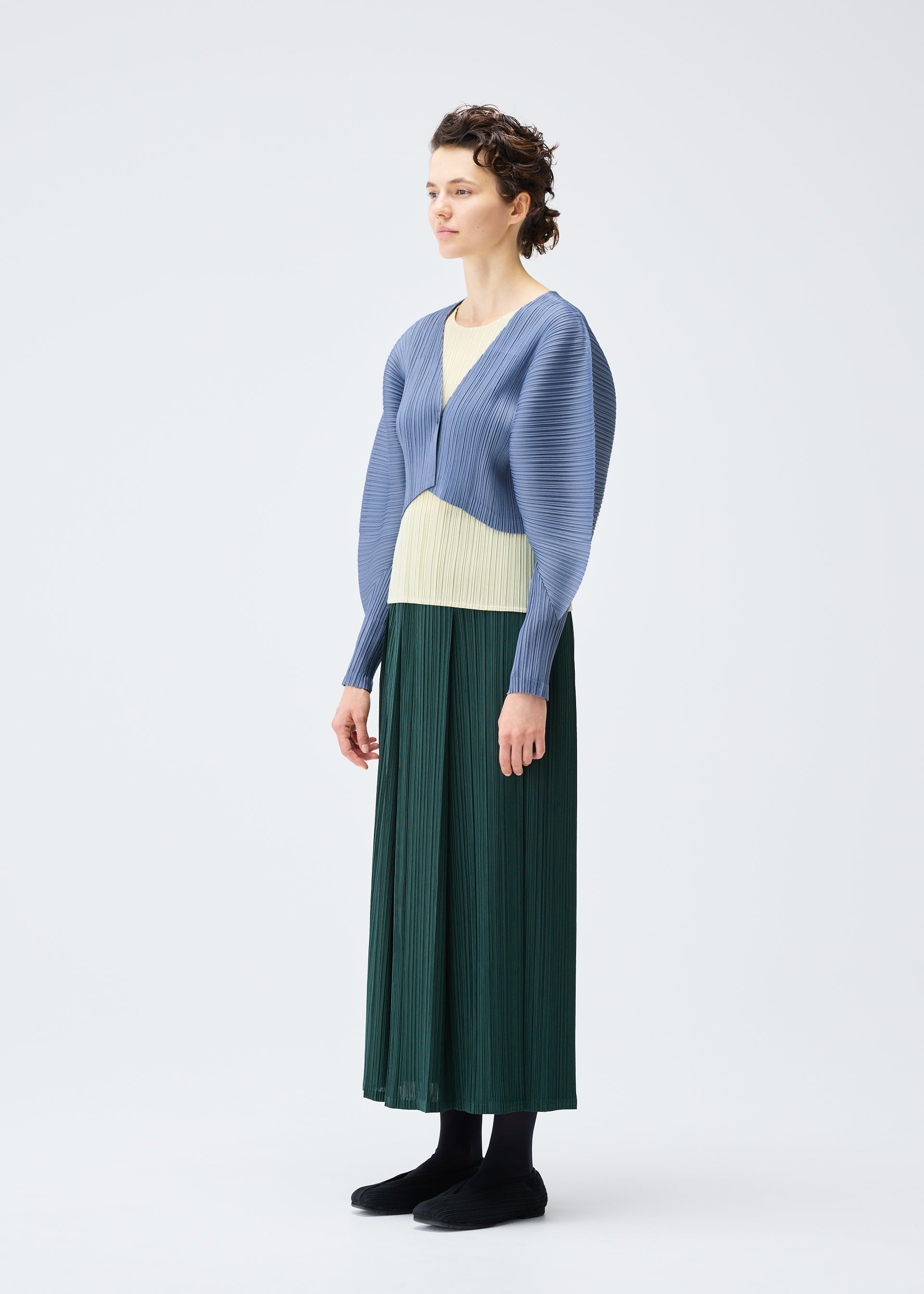 Zoomed view A person wears the MONTHLY COLORS : DECEMBER long green pleated skirt by PLEATS PLEASE ISSEY MIYAKE, paired with a light yellow top, blue buttoned cardigan, and black shoes, standing against a white background with a neutral expression.