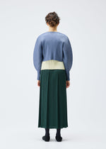 A person with short curly hair faces away, wearing PLEATS PLEASE ISSEY MIYAKE's MONTHLY COLORS : DECEMBER—a pleated blue jacket, light yellow top, and long dark green pleated skirt—against a plain white background.