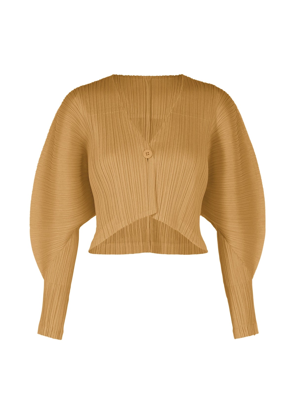 The PLEATS PLEASE ISSEY MIYAKE MONTHLY COLORS : DECEMBER is a camel pleated cardigan with long dolman sleeves, a v-neckline, asymmetrical hem, and chic front button design. view 3 of 9