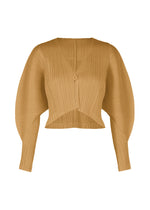 The PLEATS PLEASE ISSEY MIYAKE MONTHLY COLORS : DECEMBER is a camel pleated cardigan with long dolman sleeves, a v-neckline, asymmetrical hem, and chic front button design. - YELLOW OCHER （no.55）