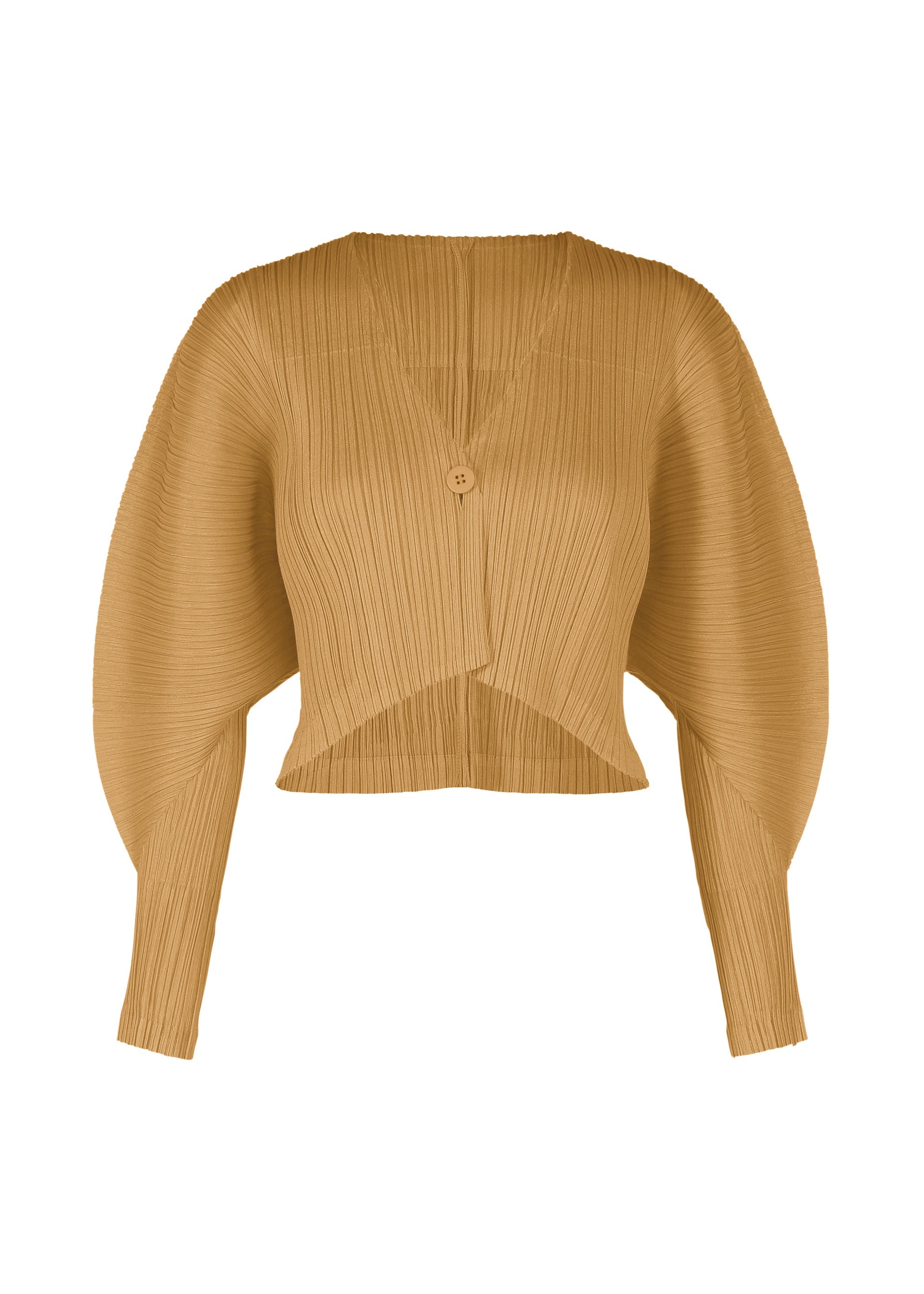 Zoomed view The PLEATS PLEASE ISSEY MIYAKE MONTHLY COLORS : DECEMBER is a camel pleated cardigan with long dolman sleeves, a v-neckline, asymmetrical hem, and chic front button design. - YELLOW OCHER （no.55）