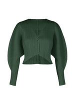 The MONTHLY COLORS : DECEMBER top by PLEATS PLEASE ISSEY MIYAKE is a dark green, pleated, long-sleeved cropped design with an asymmetric hem, button accents, and voluminous dolman sleeves for a modern touch. - FOREST GREEN （no.64）