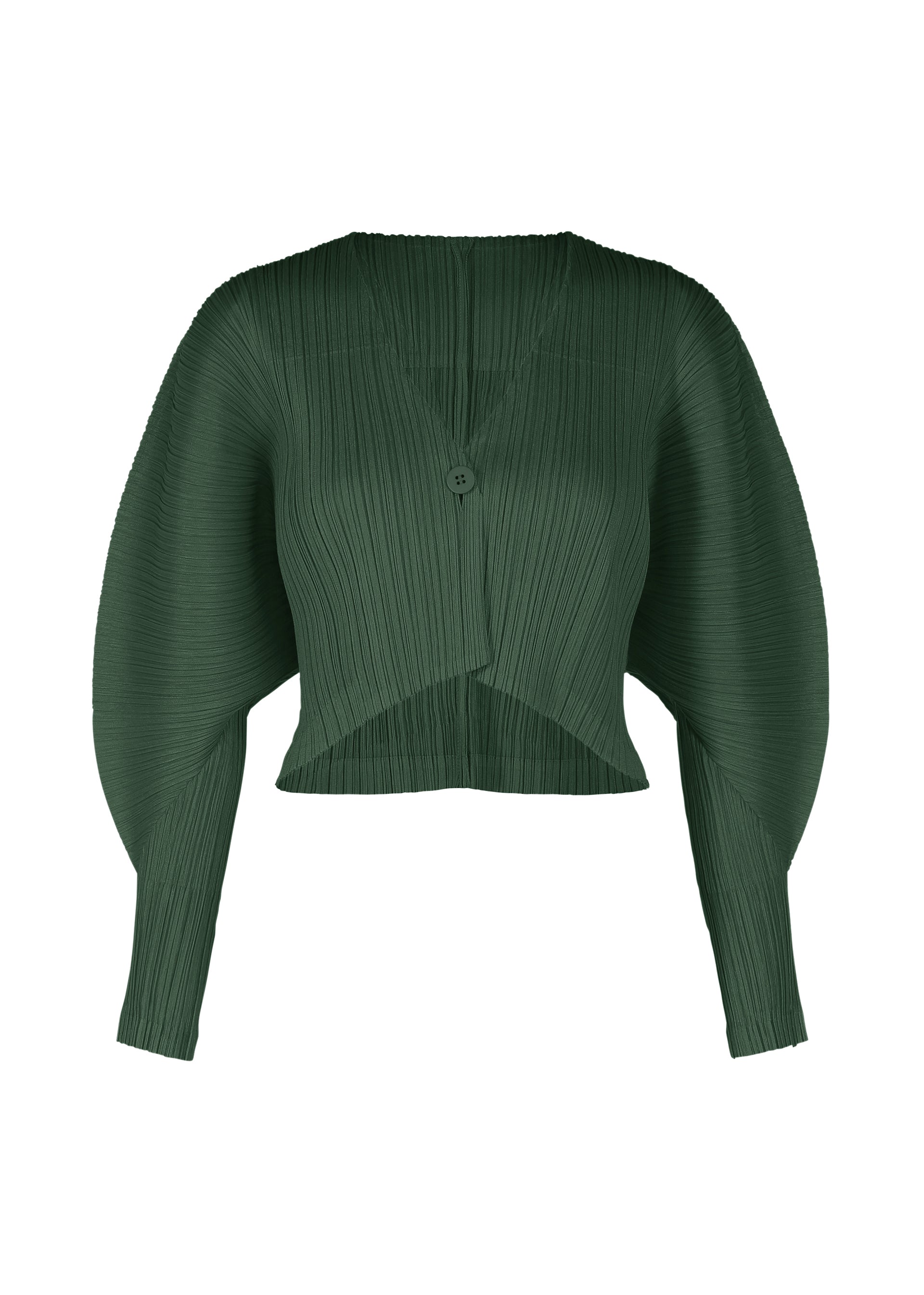 Zoomed view The MONTHLY COLORS : DECEMBER top by PLEATS PLEASE ISSEY MIYAKE is a dark green, pleated, long-sleeved cropped design with an asymmetric hem, button accents, and voluminous dolman sleeves for a modern touch. - FOREST GREEN （no.64）