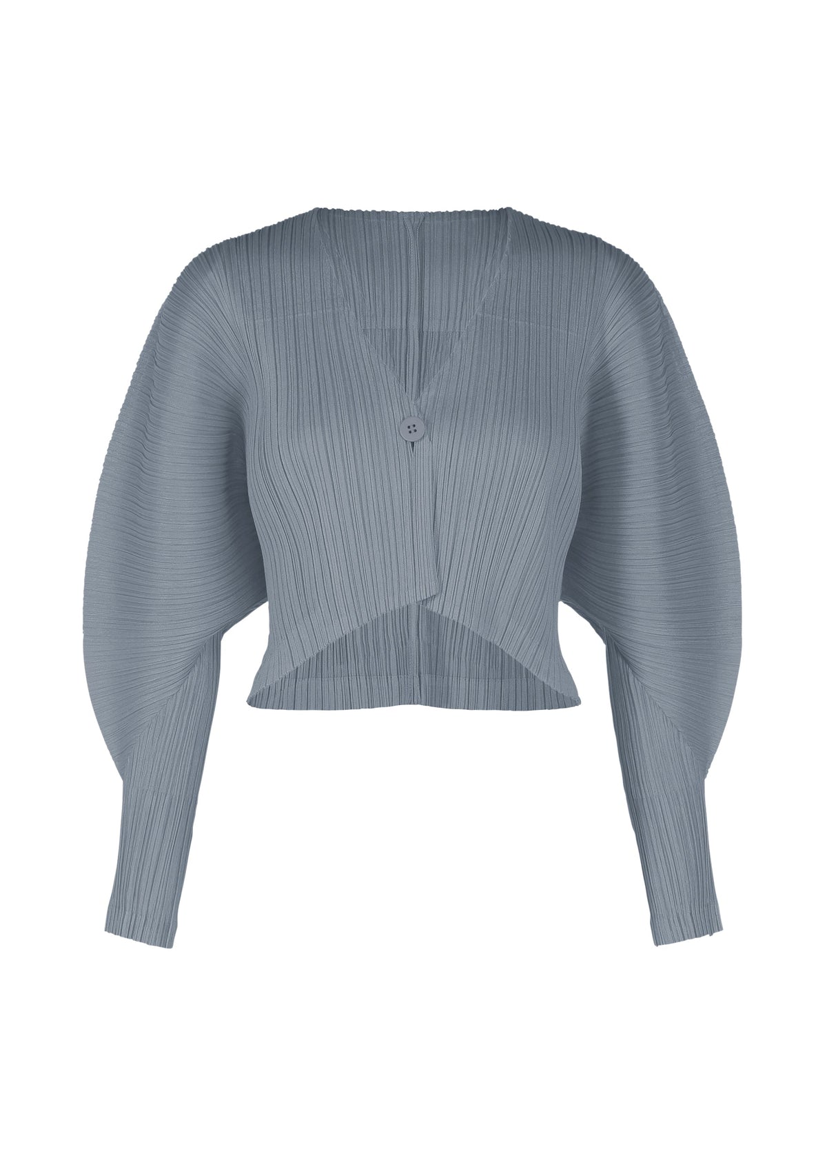 The MONTHLY COLORS : DECEMBER cardigan by PLEATS PLEASE ISSEY MIYAKE is a light blue, long-sleeved, pleated knit with dolman sleeves, cropped asymmetrical hemline, and two front buttons, shown on a white background. view 5 of 9