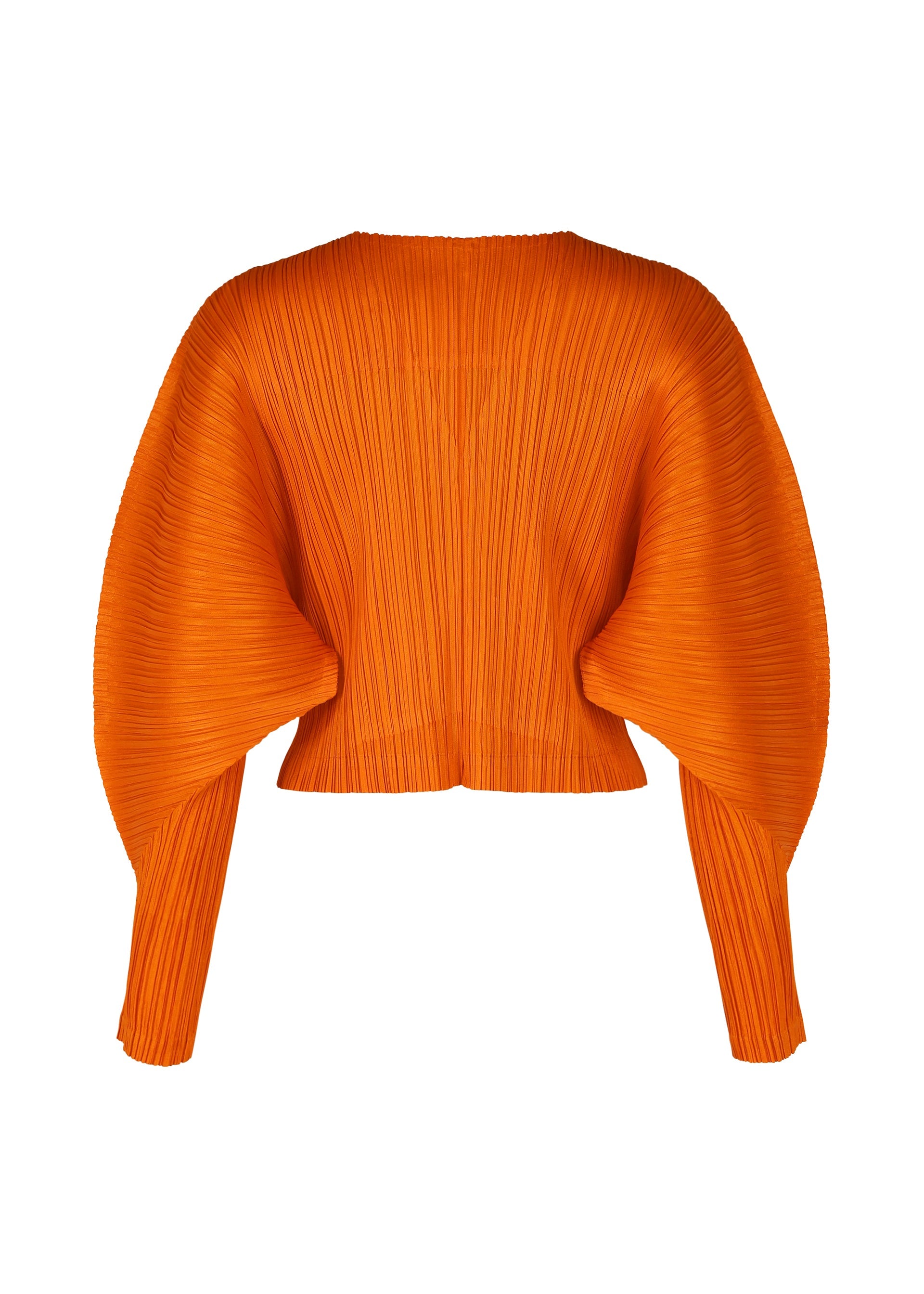 Zoomed view The MONTHLY COLORS : DECEMBER top by PLEATS PLEASE ISSEY MIYAKE features bright orange pleats, wide sculptural dolman sleeves, and a cropped hem—shown here from the back.