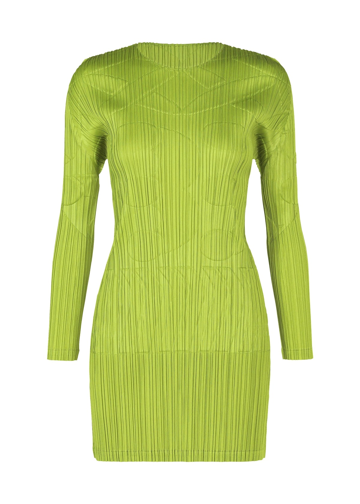 The TUNE dress by PLEATS PLEASE ISSEY MIYAKE is a bright lime green, long-sleeved mini tunic with a fitted silhouette, high round neckline, and textured pleated fabric. No visible embellishments or fastenings. view 2 of 8