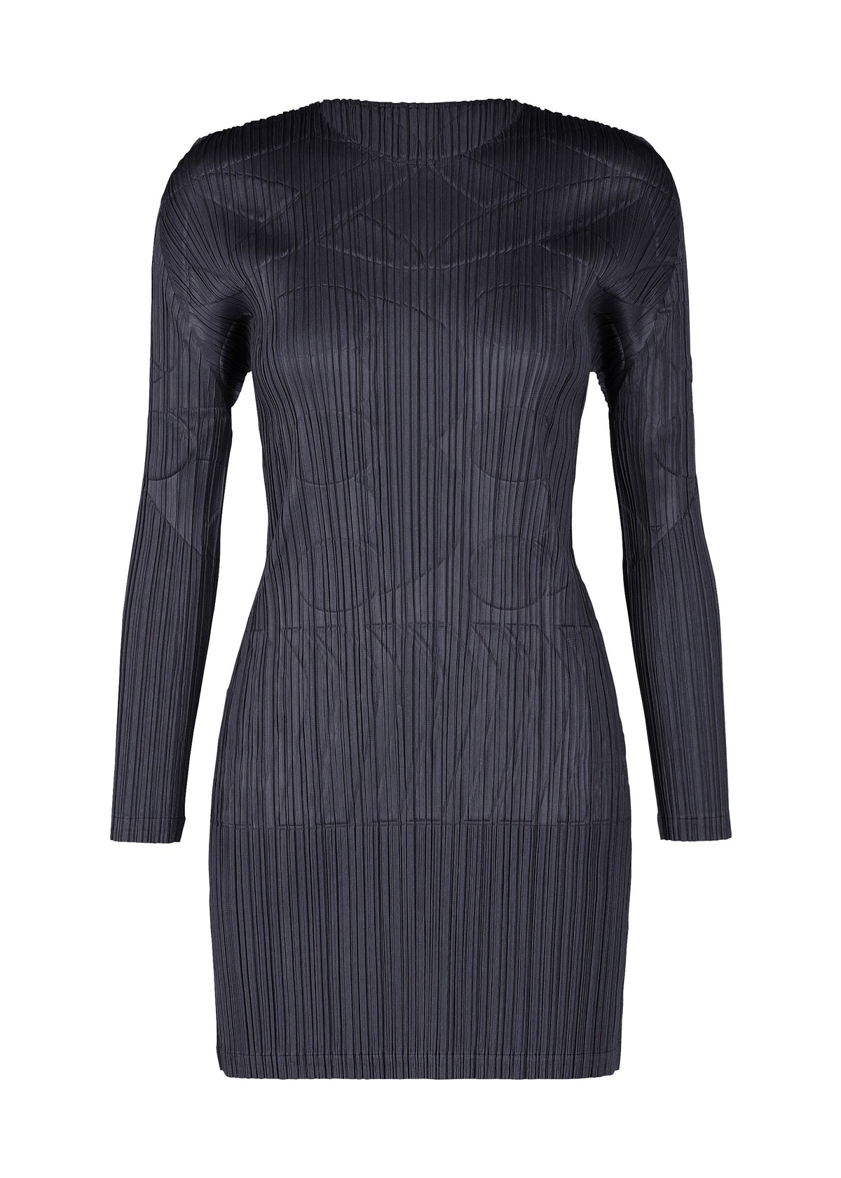 The TUNE dress by PLEATS PLEASE ISSEY MIYAKE is a black, long-sleeved, knee-length tunic featuring a fitted silhouette and vertical pleated texture. view 3 of 8