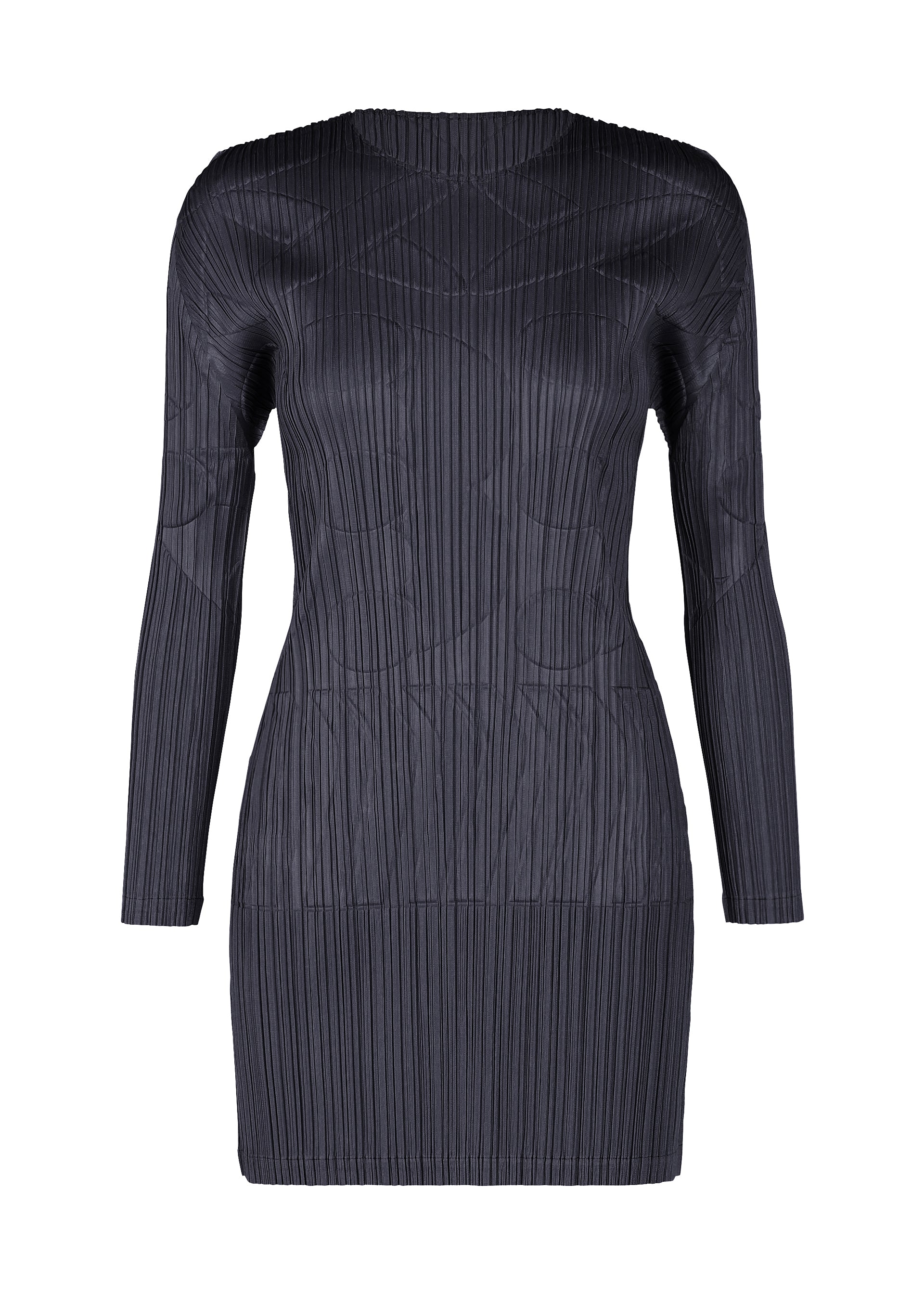 Zoomed view The TUNE dress by PLEATS PLEASE ISSEY MIYAKE is a black, long-sleeved, knee-length tunic featuring a fitted silhouette and vertical pleated texture. - NAVY （no.75）