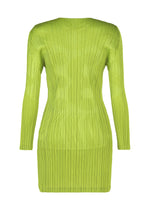 The TUNE dress by PLEATS PLEASE ISSEY MIYAKE is a long-sleeved, knee-length tunic in bright lime green with an embossed pleated texture and fitted silhouette, shown against a plain white background.