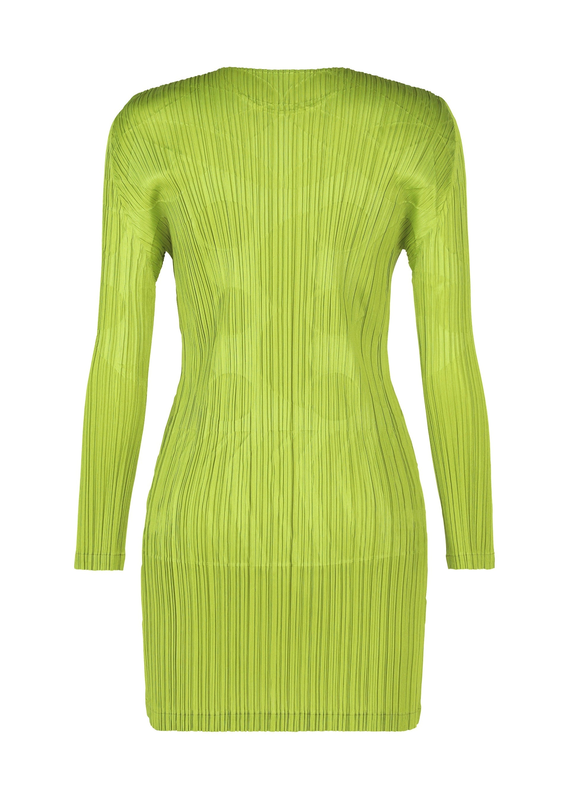 Zoomed view The TUNE dress by PLEATS PLEASE ISSEY MIYAKE is a long-sleeved, knee-length tunic in bright lime green with an embossed pleated texture and fitted silhouette, shown against a plain white background.