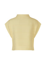 The CREPE KNIT by PLEATS PLEASE ISSEY MIYAKE is a light yellow, short-sleeved, pleated crop top with a high neckline made from recycled polyester, shown from the back against a white background.