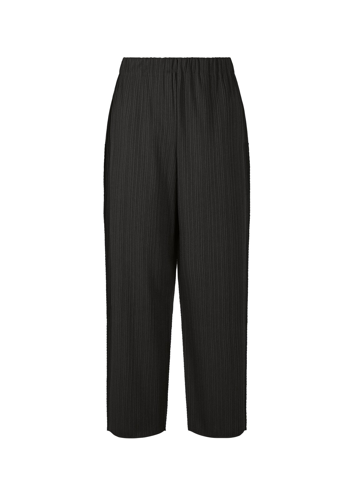 The A-POC SHELL pants by PLEATS PLEASE ISSEY MIYAKE feature fine pleats, a stretchy black fabric, an elastic waistband, and a wide-leg cropped silhouette above the ankles, shown on a white background. view 2 of 4
