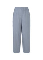 The A-POC SHELL pants by PLEATS PLEASE ISSEY MIYAKE are light blue, high-waisted, straight-leg trousers made from stretchy material with fine vertical pleats, displayed against a white background. - STEEL BLUE （no.74）