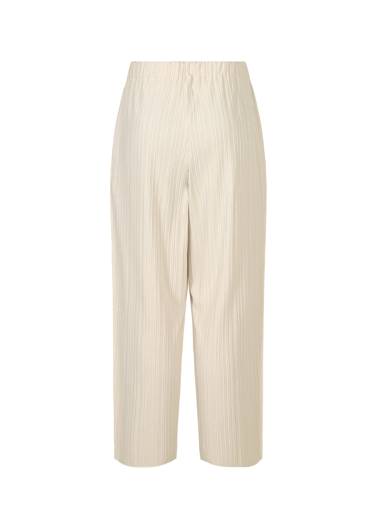 The A-POC SHELL pants by PLEATS PLEASE ISSEY MIYAKE are beige, stretchy wide-leg pants with fine pleats and an elastic waistband, shown against a plain white background. view 4 of 4