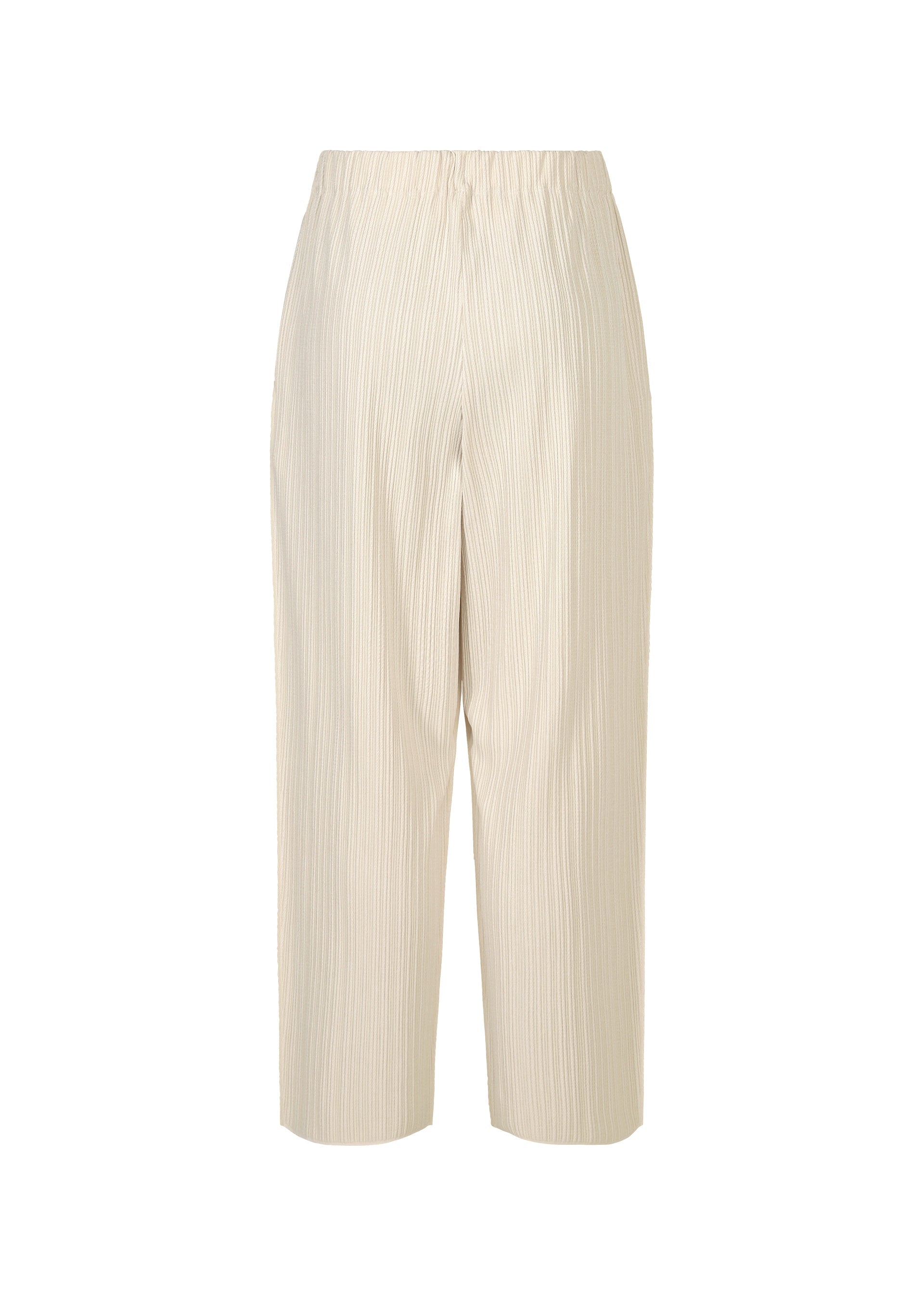 Zoomed view The A-POC SHELL pants by PLEATS PLEASE ISSEY MIYAKE are beige, stretchy wide-leg pants with fine pleats and an elastic waistband, shown against a plain white background.