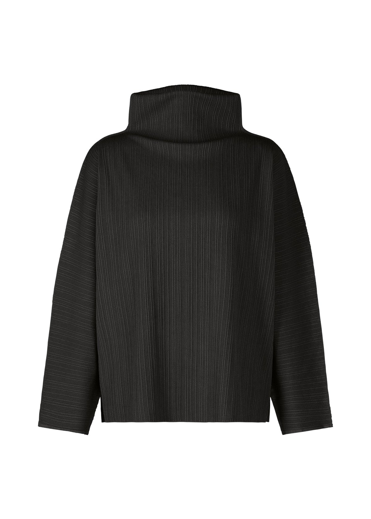 The PLEATS PLEASE ISSEY MIYAKE A-POC SHELL is a black, stretchy long-sleeve top with wide sleeves, a high structured turtleneck, and subtle vertical ribbed pleats. view 2 of 8