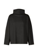 The PLEATS PLEASE ISSEY MIYAKE A-POC SHELL is a black, stretchy long-sleeve top with wide sleeves, a high structured turtleneck, and subtle vertical ribbed pleats. - BLACK （no.15）