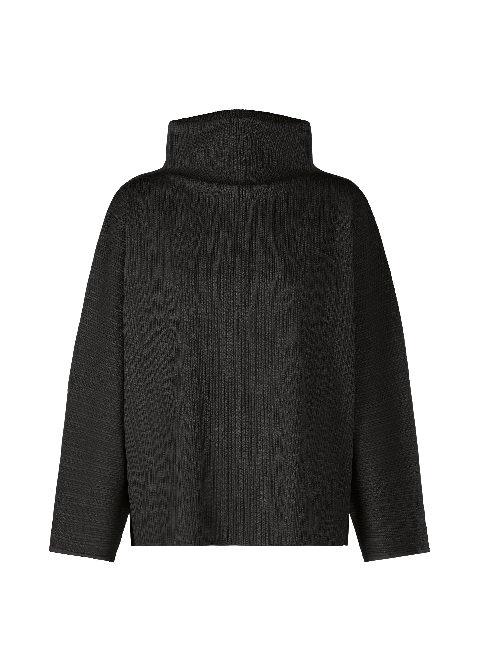 Zoomed view The PLEATS PLEASE ISSEY MIYAKE A-POC SHELL is a black, stretchy long-sleeve top with wide sleeves, a high structured turtleneck, and subtle vertical ribbed pleats. - BLACK （no.15）