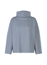 The A-POC SHELL by PLEATS PLEASE ISSEY MIYAKE is a light grey, stretchy long-sleeve top with a high, wide turtleneck and subtle vertical ribbed texture. It offers a relaxed, boxy fit for effortless comfort. - STEEL BLUE （no.74）