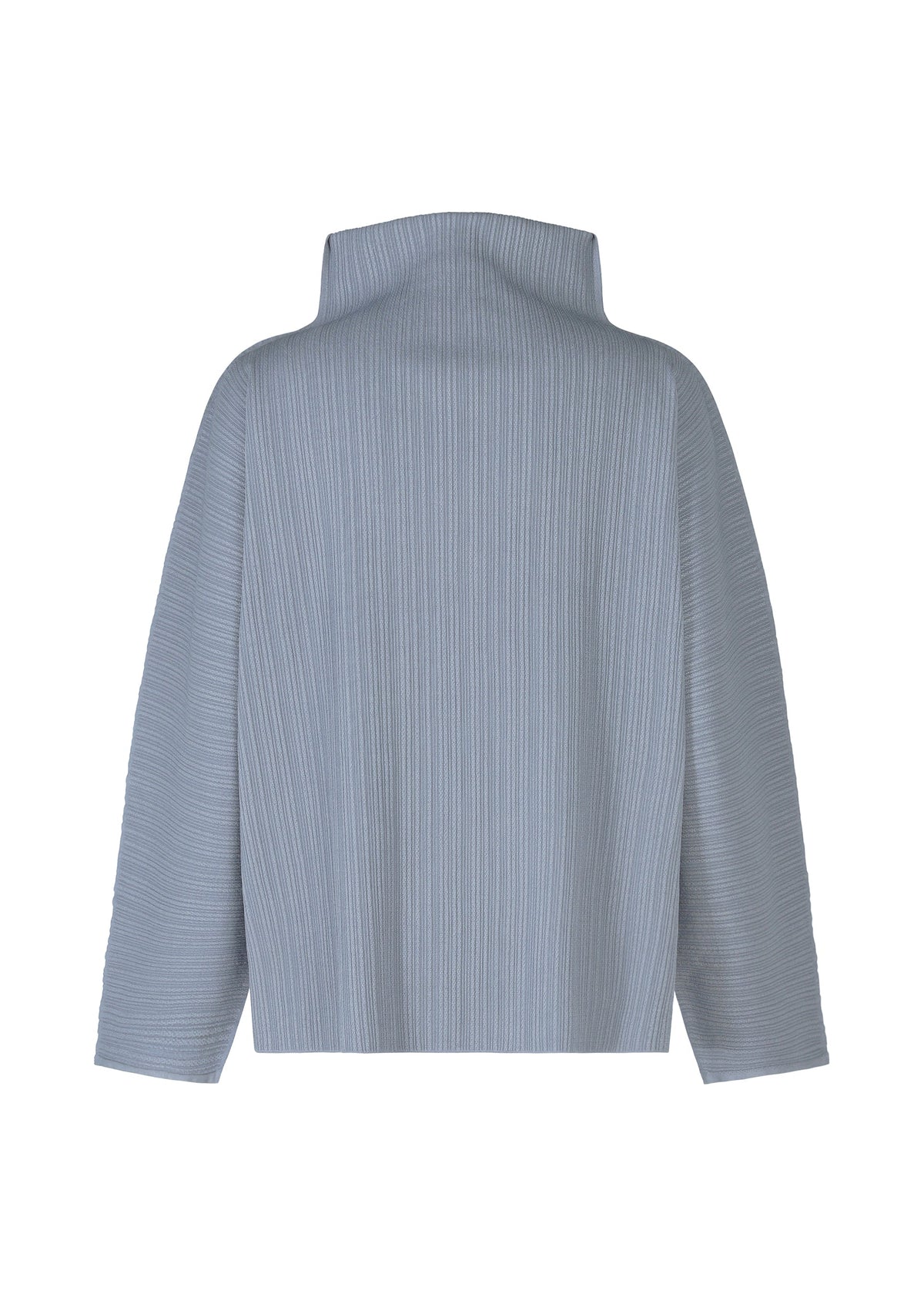 Back view of the A-POC SHELL jacket by PLEATS PLEASE ISSEY MIYAKE: light gray, stretchy long sleeves, high structured collar, slightly loose fit, and subtle vertical ribbed lines for a modern look. view 4 of 8