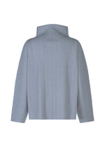 Back view of the A-POC SHELL jacket by PLEATS PLEASE ISSEY MIYAKE: light gray, stretchy long sleeves, high structured collar, slightly loose fit, and subtle vertical ribbed lines for a modern look.