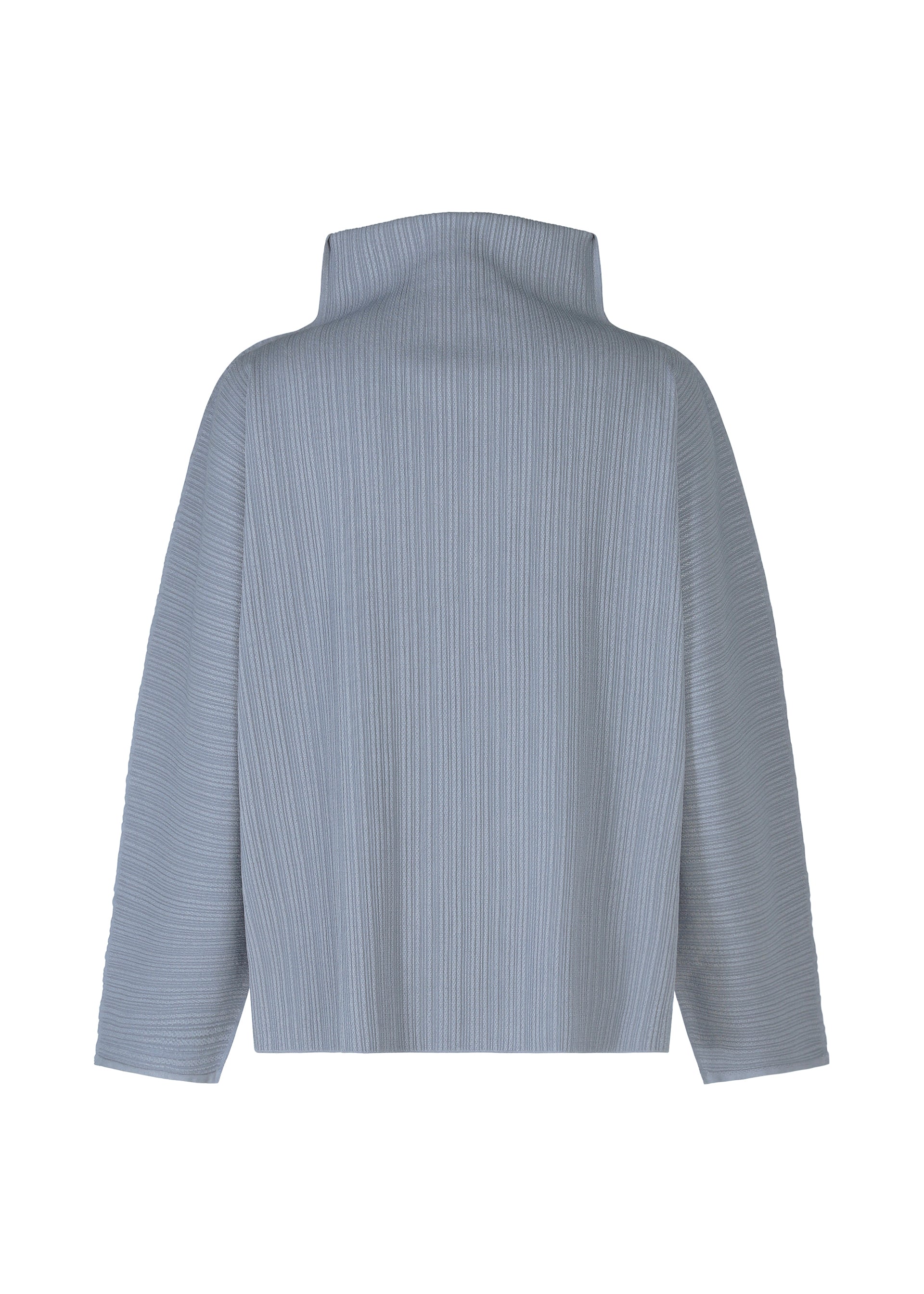 Zoomed view Back view of the A-POC SHELL jacket by PLEATS PLEASE ISSEY MIYAKE: light gray, stretchy long sleeves, high structured collar, slightly loose fit, and subtle vertical ribbed lines for a modern look.