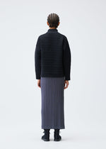 A person with cornrowed hair stands facing away in a PLEATS PLEASE ISSEY MIYAKE CREPE KNIT black high-neck ribbed long-sleeve top, gray pleated skirt, and black shoes against a plain white background.