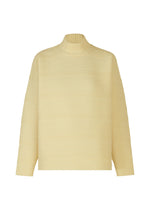 The CREPE KNIT by PLEATS PLEASE ISSEY MIYAKE is a light yellow, long-sleeved high-neck sweater with a ribbed texture and loose fit, made from recycled polyester and shown against a white background. - CREAM YELLOW （no.30）